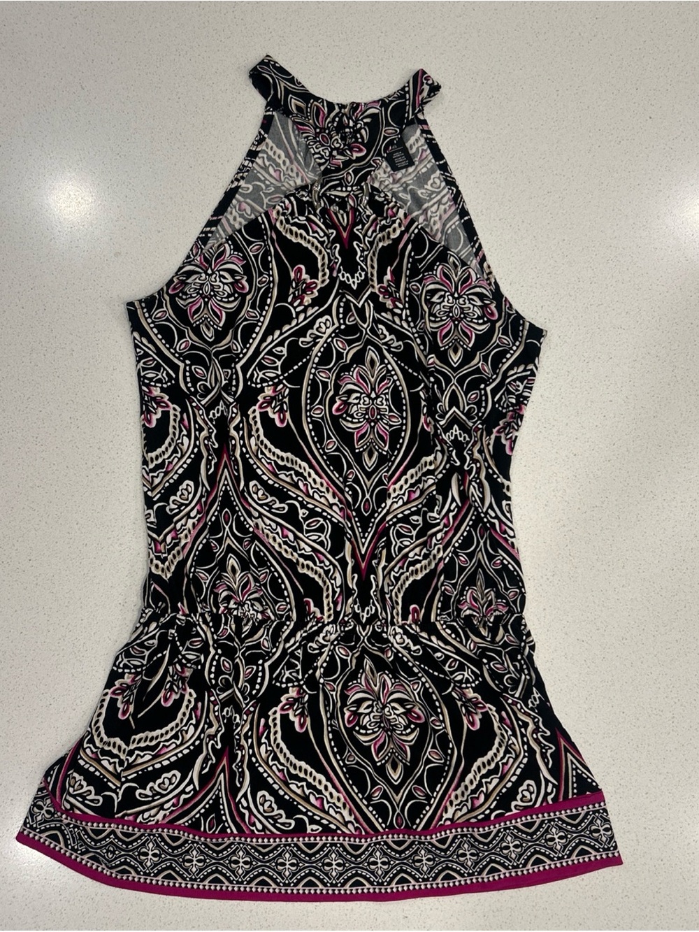 White House Black Market Sleeveless Halter Paisley Print Tunic Top Black & Pink